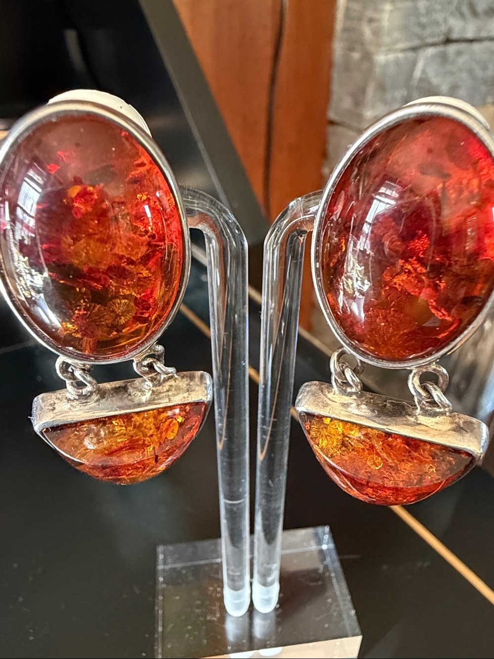 Vtg. Sterling Cognac Baltic Amber Handmade Clip Earrings in Deep Cognac Red